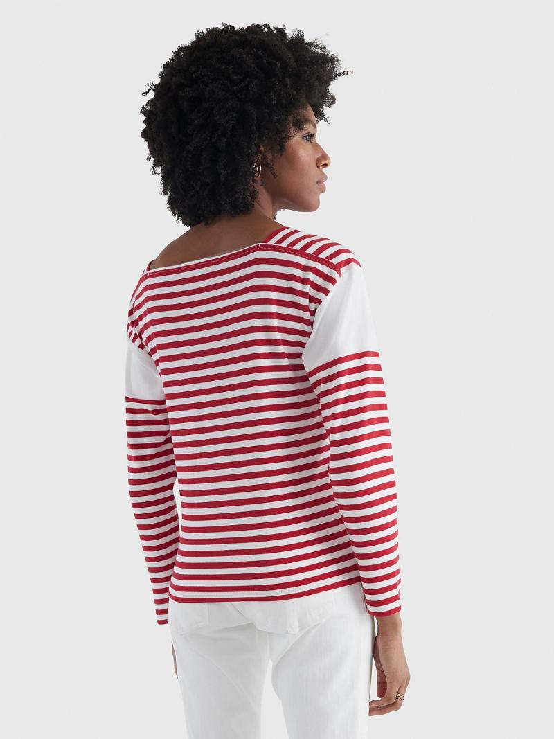 Női Tommy Hilfiger Stripe Square-Neck Felsők Piros | HU 509BEX